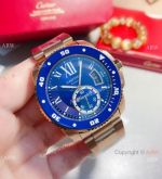 Replica Cartier Calibre de Quartz Watches Rose Gold Blue Bezel